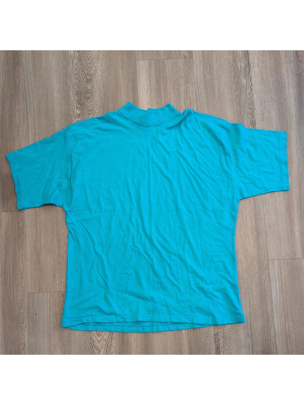 VTG 90s Mock Neck T Shirt Womens Teal Blue Single Stitch Made In USA oversized